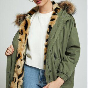 Superdry Olive Parka with Leopard Faux Fur